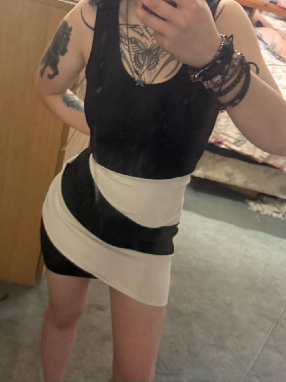 French Atmosphere Black and White Diagonal Colorblock Mini Dress